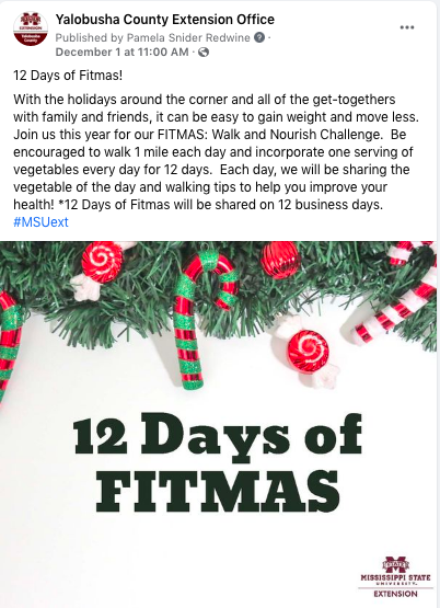 A Facebook post explaining the 12 Days of Fitmas challenge.